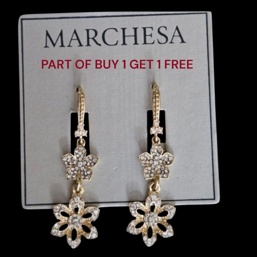 💐BOGO* Marchesa Floral Gold-tone Leverback Dangle Drop Sparkling Earrings - NWT